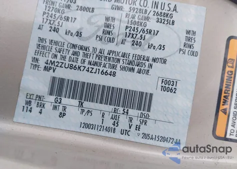 2004 Mercury Mountaineer from USA, damaged, VIN 4M2ZU86K74ZJ16648